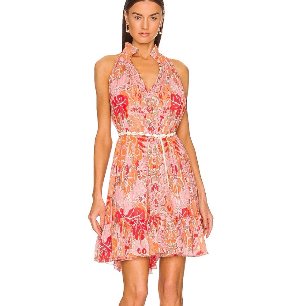Violet Shell belt tropical print mini dress coral multi.